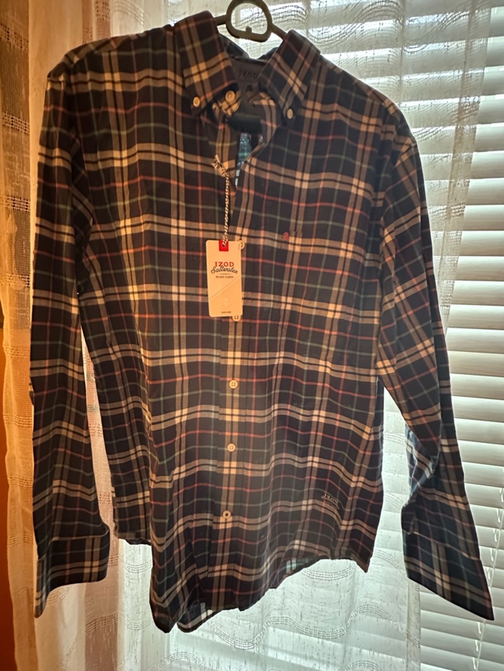 Izod Men’s Plaid Button-Down Shirt in Navy, Burgundy, and White
